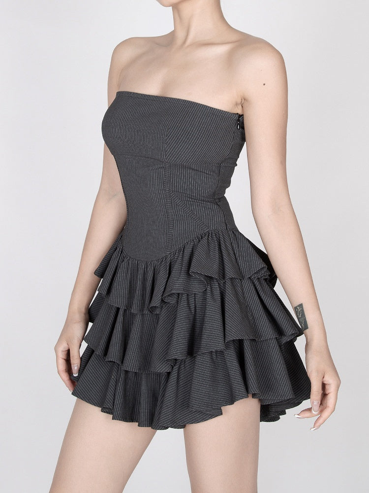 Dark Gray Striped Tiered Ruffles Mini Skirt Strapless Dress