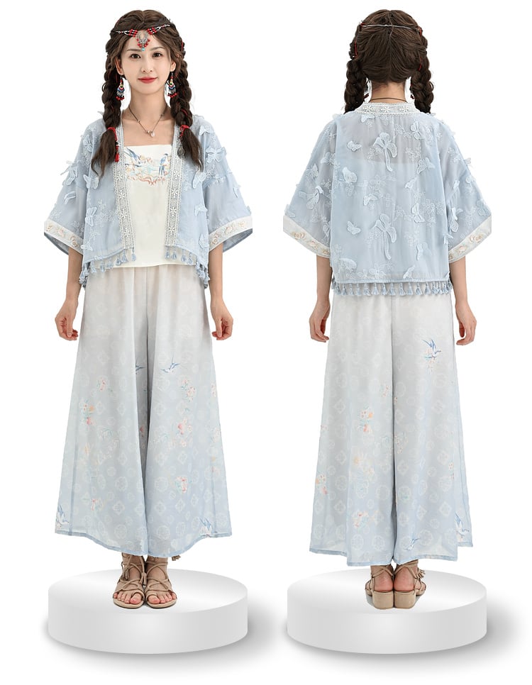 プリントレッグシフォングラデーションブルーワイドフローラルパンツ