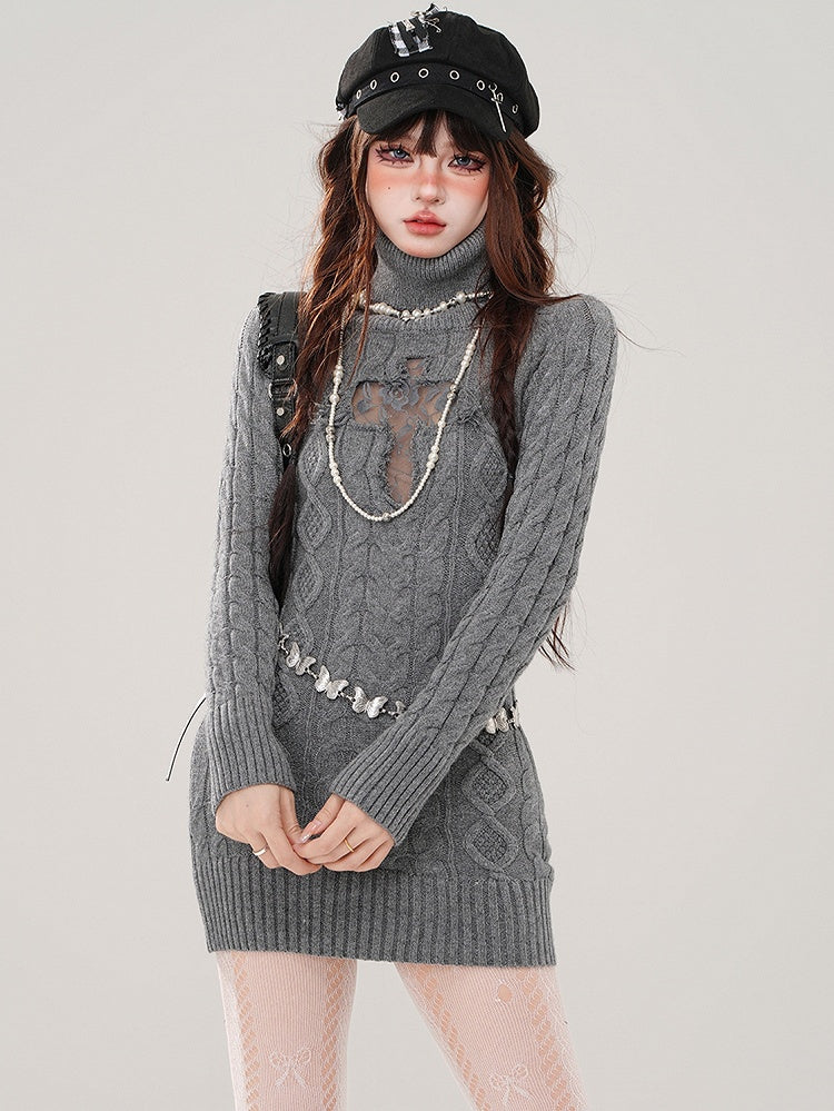 Black/Grey Cross Cutout Detail Turtle Neck Slim-fit Knit Dress