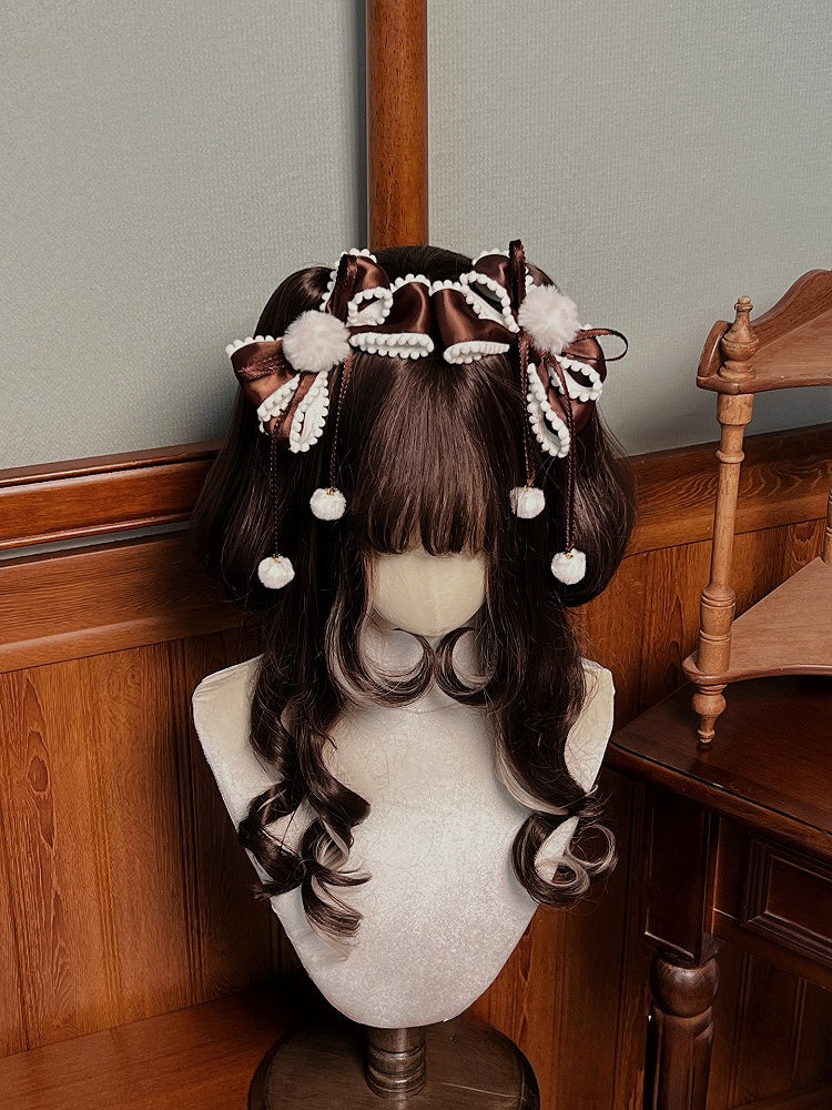 Hairclips Bow Accents Sweet with Pink/Brown Pom-pom Lolita