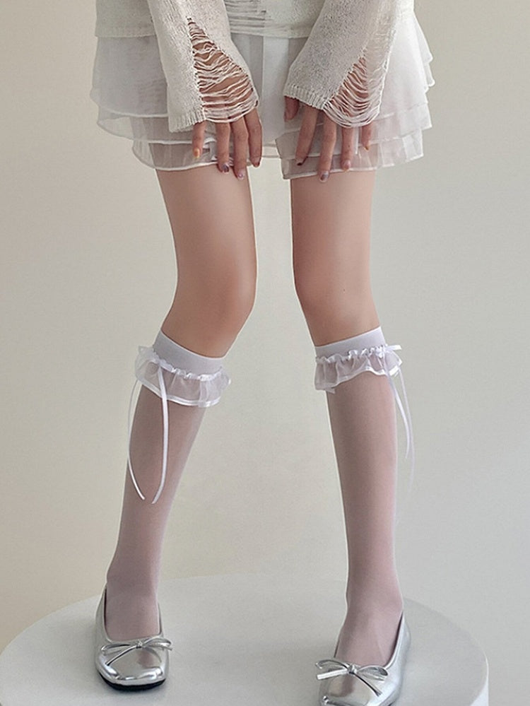 ホワイト/ブラック セミシースルー 蝶結び フリルトリム 膝下ストッキング