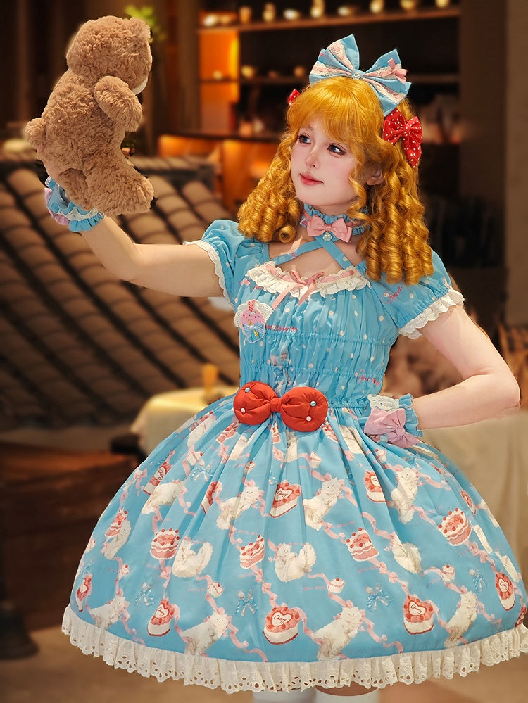 Elastischer Print Kitty Smocked Blue Bows Mieder Lolita und Piece Sweet One