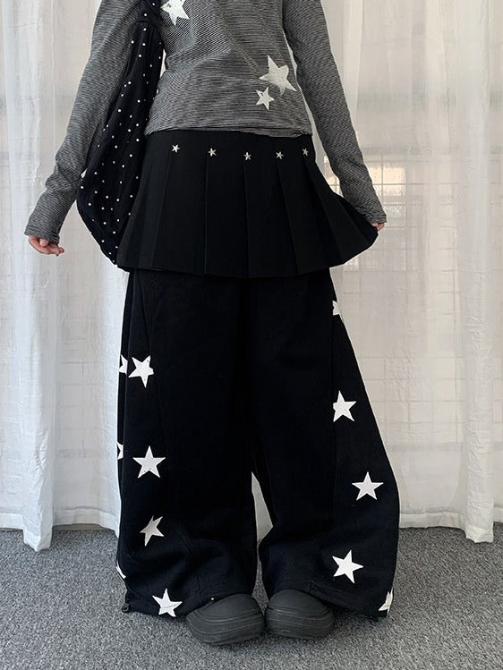 Black/Gray Curved Leg Pants with Star Print - Solkatt