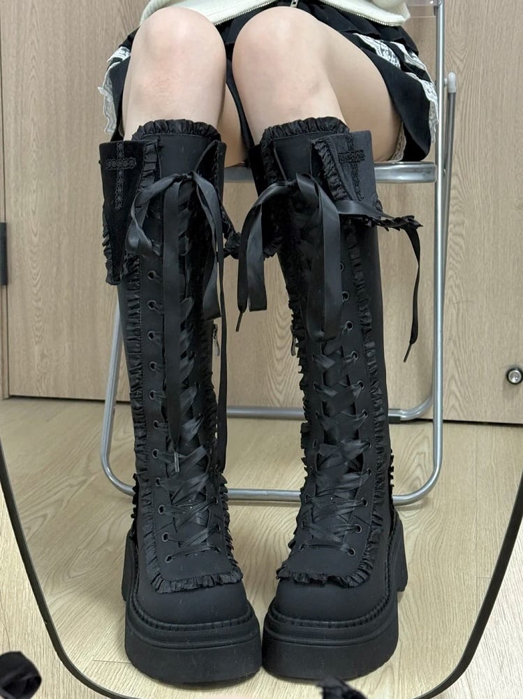 Thickened Knee-high Fleece Closure Boots Gothic Black Dual with Lining Platform System