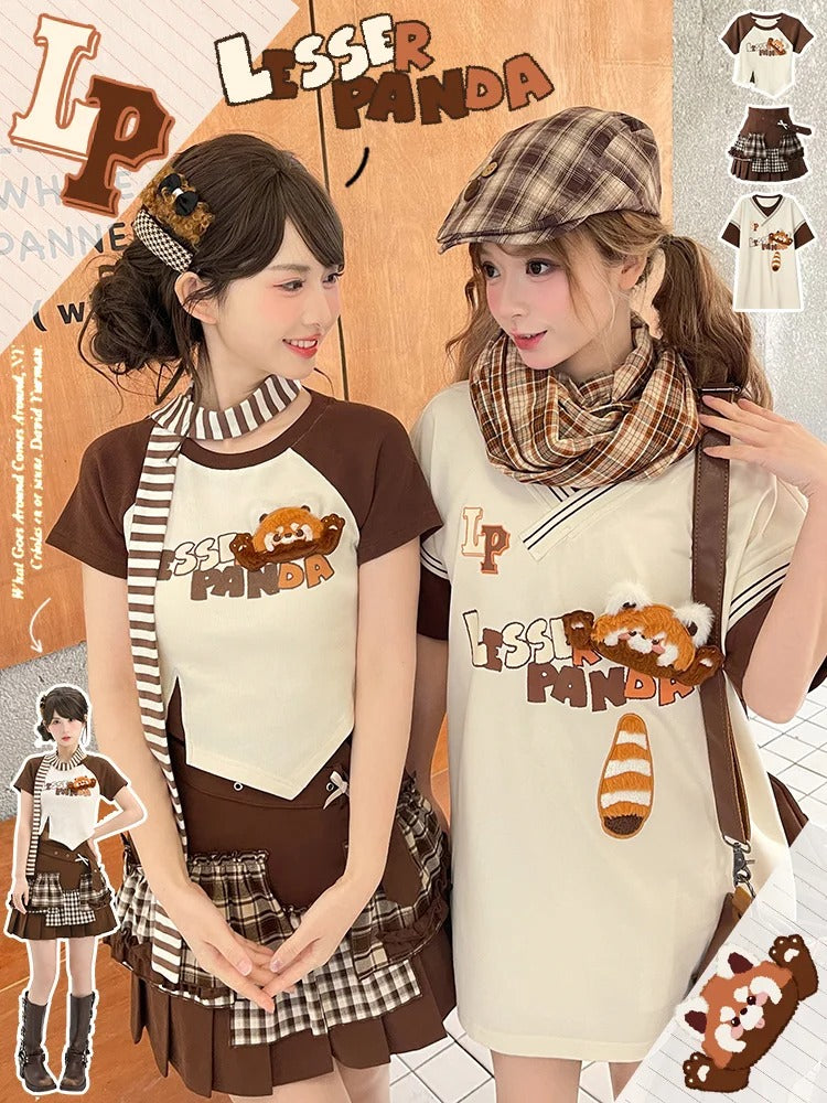 Long/Short Fashion Version T-Shirt with Detachable Plush Red Millard Panda Brown