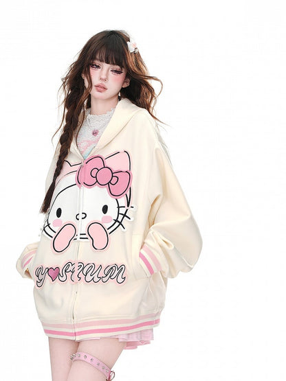 Apricot/Schwarz – Oversize-Kapuzenpullover mit Kätzchen-Stickerei und Reißverschluss