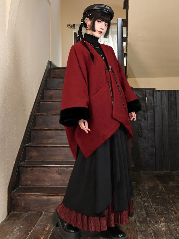 Embellished - Year Red Coat Cuffs Placket Button Plush Sleeve New Tassel Cape