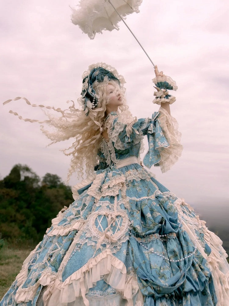 with Sleeves Sweetheart and Ruffle Layers Bell Applique Gorgeous Blue Gown Hime Lolita Beaded Lace