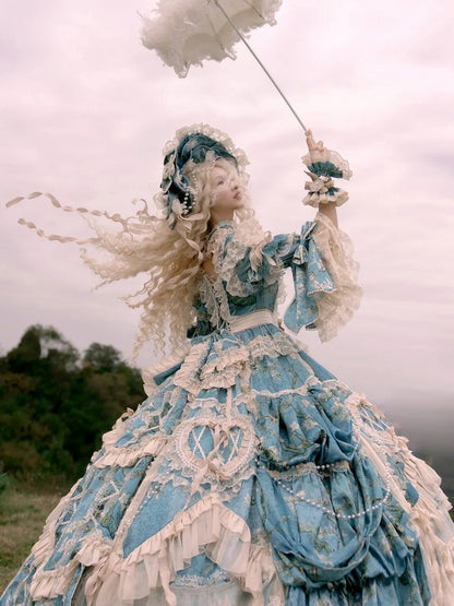 with Sleeves Sweetheart and Ruffle Layers Bell Applique Gorgeous Blue Gown Hime Lolita Beaded Lace