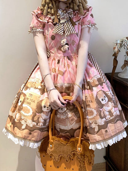 Süßes Lolita-Kleid mit kurzen Ärmeln und Welpen- und Keks-Print in Rosa