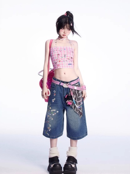 ストラップレストッププリントのかわいい子猫のステッカー付きピンクチェック柄クロップド丈