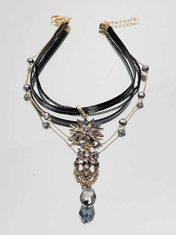 Gothic Rhinestone Multi-Layered Necklace Black