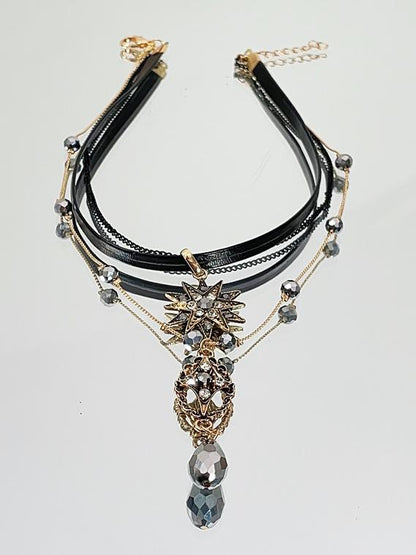 Gothic Rhinestone Multi-Layered Necklace Black