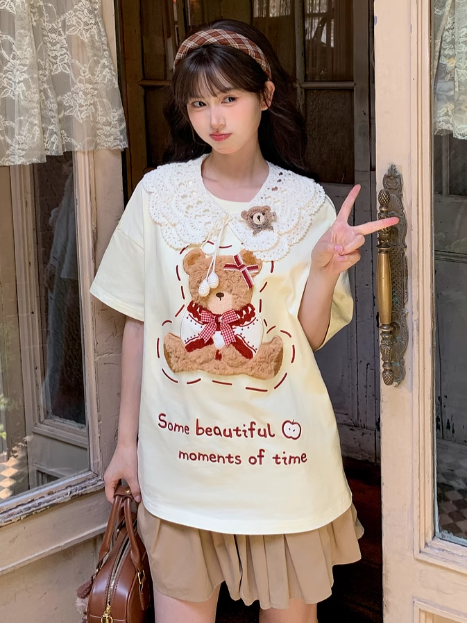 Cotton Plush Bear Embroidery Apricot Round Neck Loose T-shirt