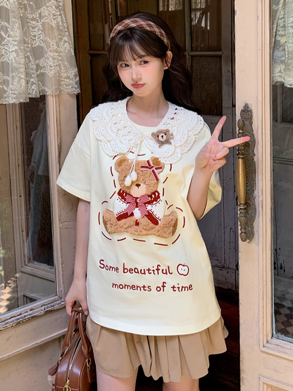 Cotton Plush Bear Embroidery Apricot Round Neck Loose T-shirt
