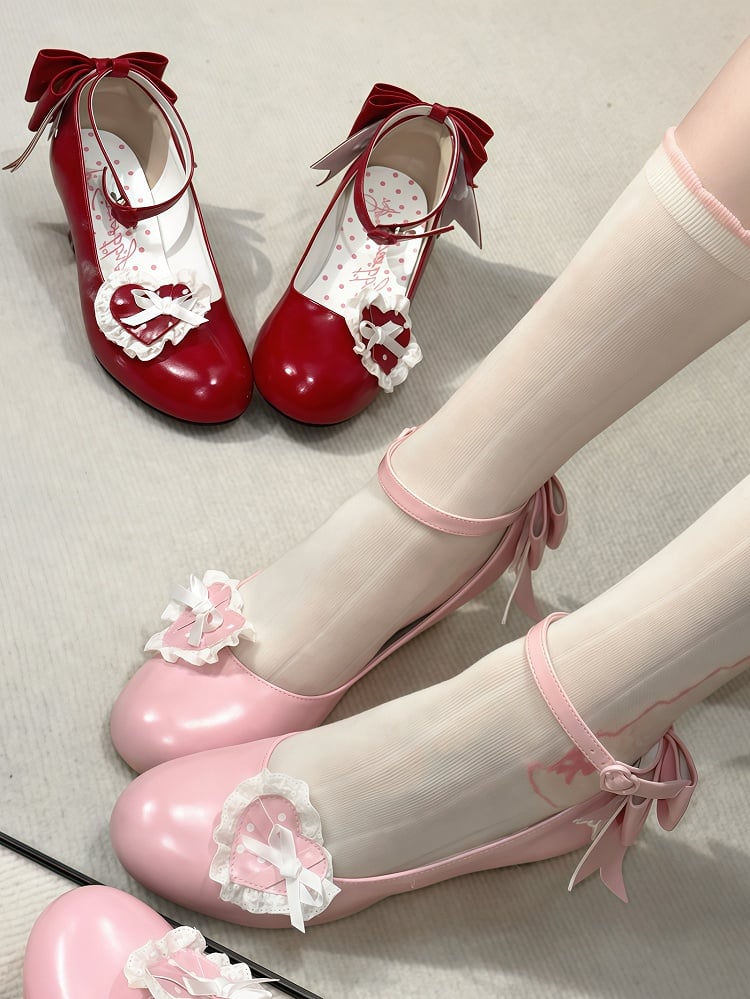 - Janes Heart Wedge Detachable Pink Mary Sweet PU Trimmed Lace Lolita