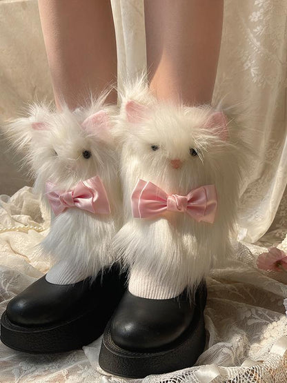 Cute Warmers Bow with Leg Plush Pink Decorations White Kitty