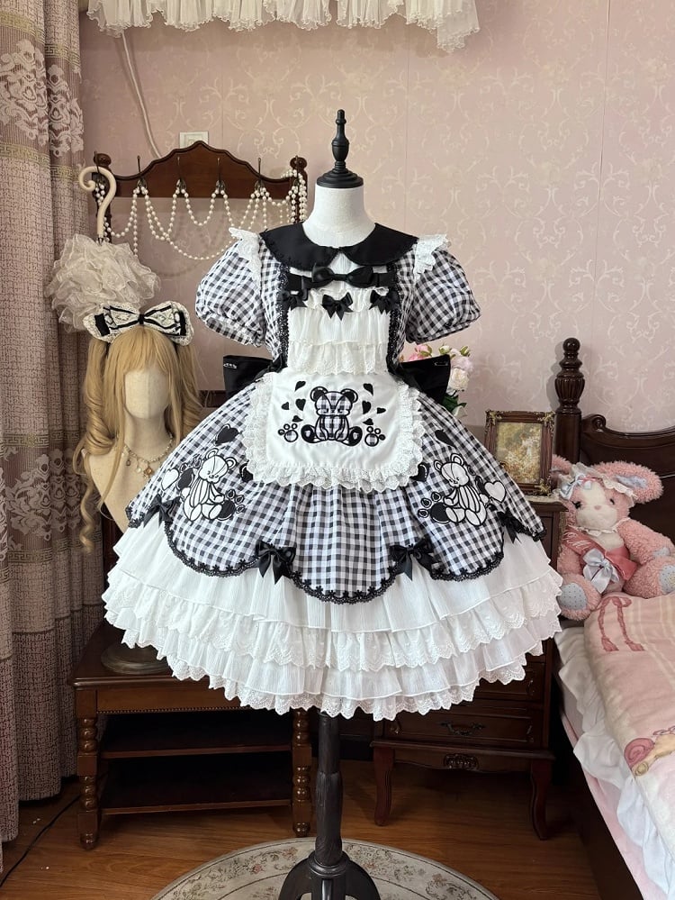 Self-tie Strap with Plaid Bear White Ruffled Hem Lolita Apron