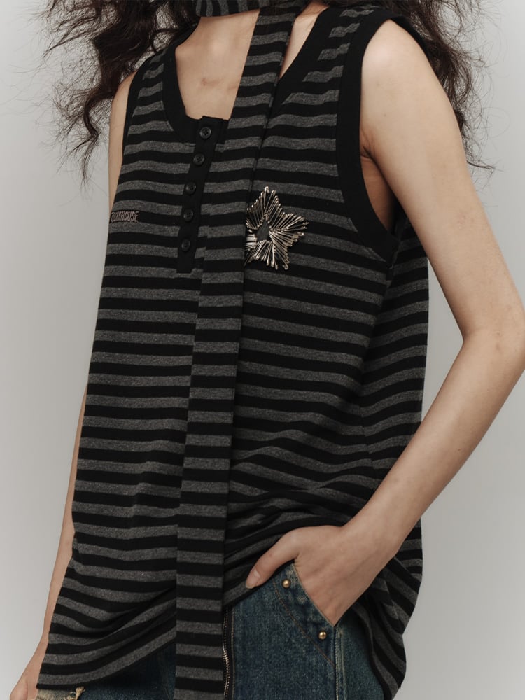 Punk Placket Gray Safety Partial Pin Black Button Top Tank Striped with Star