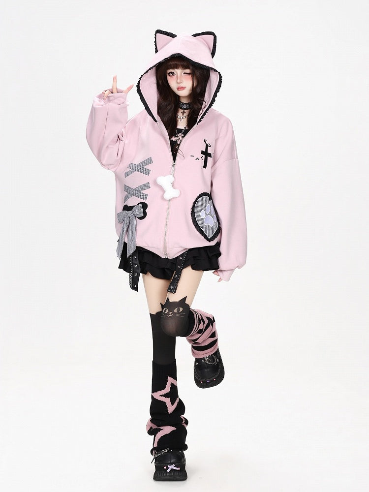 Kawaii Ruffled Kitty-Ear Hooded Jacket with Bow and Heart Patch in Pink - CRAZY GIRL
