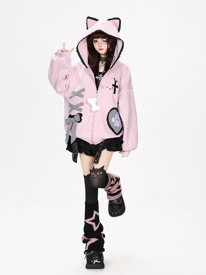 Kawaii Ruffled Kitty-Ear Hooded Jacket with Bow and Heart Patch in Pink - CRAZY GIRL