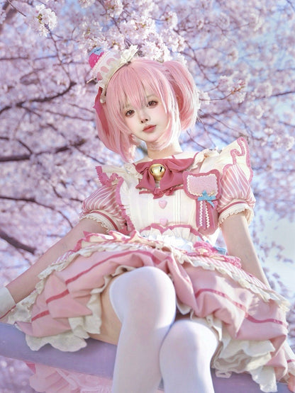 Strawberry Theme Sweet Lolita OP with Apron, Sakura Pink Striped Pattern - Sakurahime