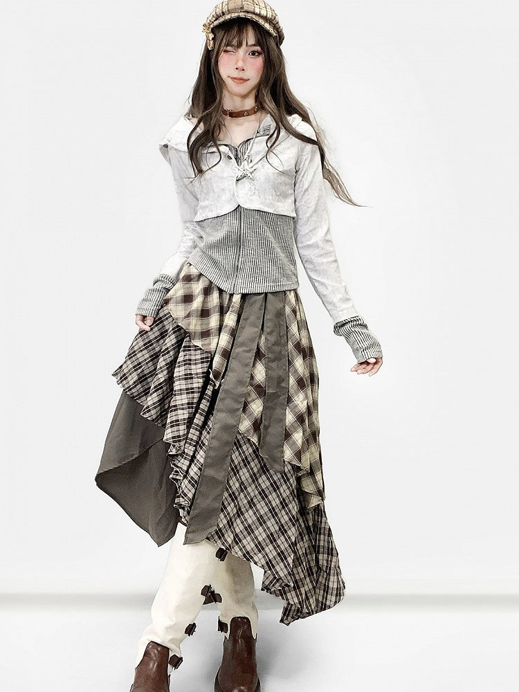 Fake Hooded Gray Design Striped Two-Piece Top Y2K