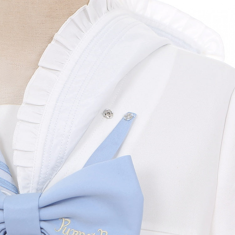 Cutout Bluse Blau Bowknot Weiß Matrosenkragen Herzförmiges Licht