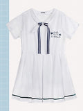 Shirt Box White Print Pleat Cat Dresswith Tieand Bow