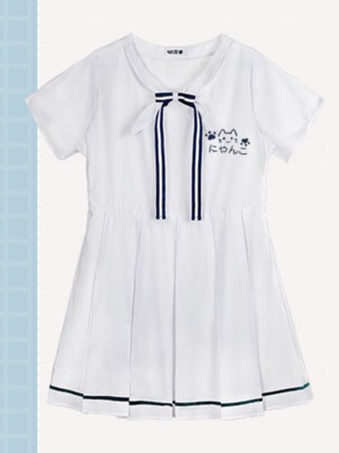 Shirt Box White Print Pleat Cat Dresswith Tieand Bow