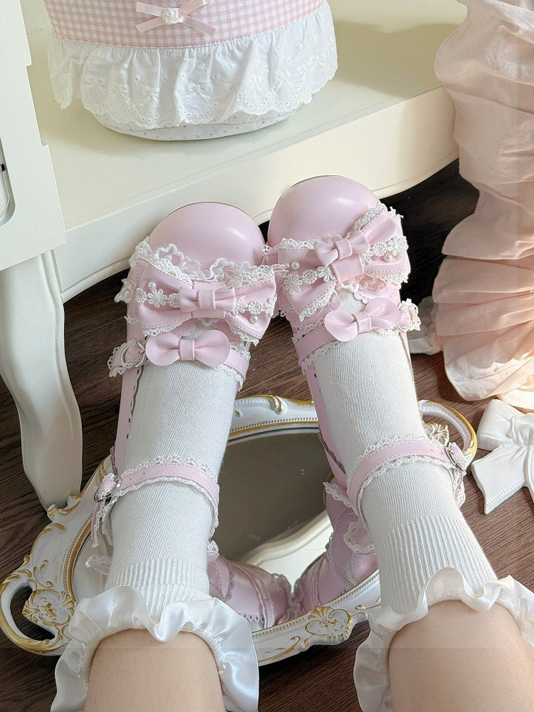 Hem Bow Scalloped Accents Shoes with Low-heel Lolita Pink Sweet