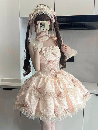 Lolita Lace Jacquard JSK Dress Bow Doll-Style Pink with Floral
