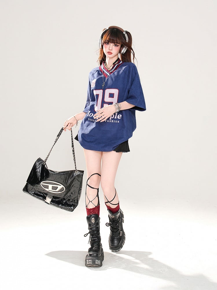 ゆったりTシャツ プリント スポーツ カーキ/ネイビーブルー プレッピースタイル Vネック ナンバー