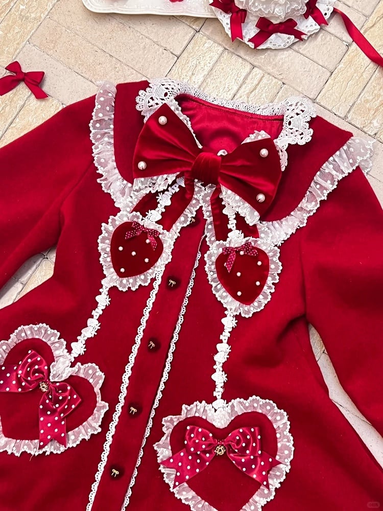 Red Trim Bows Lace White Coat with and Velvet Lolita
