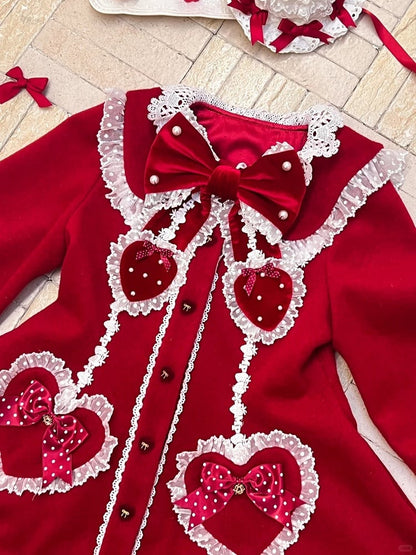 Red Trim Bows Lace White Coat with and Velvet Lolita