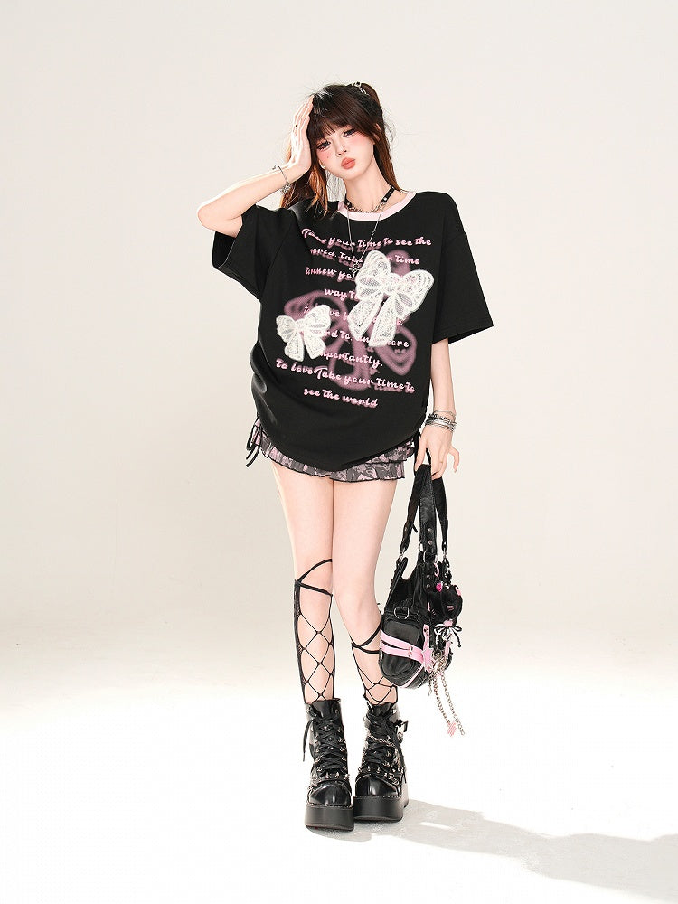 Black/White Lace Bow Appliques Drawstring Waist Sweet Graphic T-Shirt