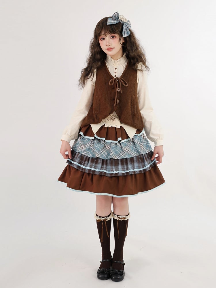 Set Blouse Blue Sweet Plaid Ruffles Tiered Lolita + Waistcoat Skirt Brown