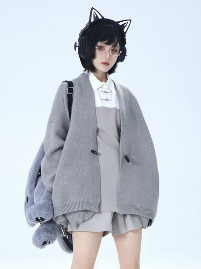 Gray Knit Buckle Cardigan with Unisex Closure Ouji