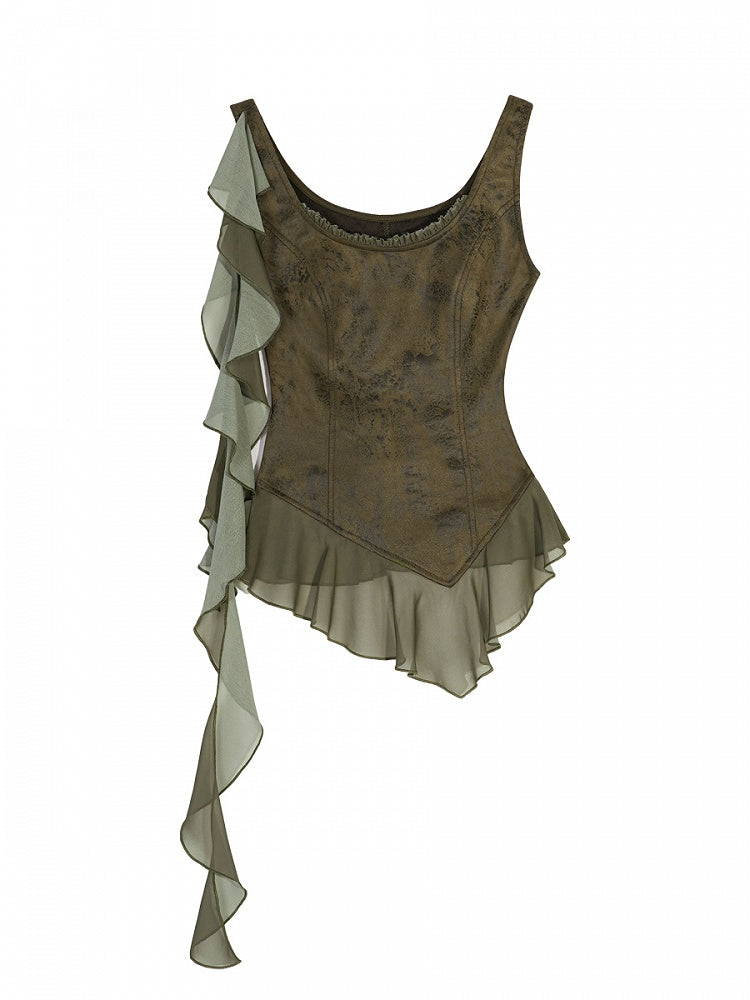 Sleek Tulle Asymmetrical Top Triangular Ruffles Green with Tank Cascading Hemline