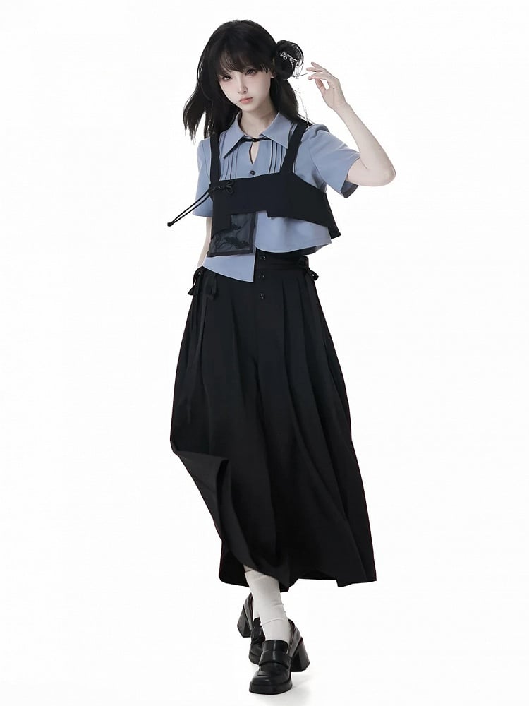 Cropped Shirt Blue Asymmetrical Hem Pleating Details Short Sleeves