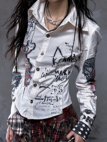 Straps Punk Beige Hand-Drawn with Motifs Back Shirt Vintage Studded