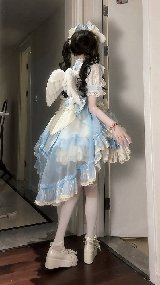 Kleid Taille Tiered Rüschen Lolita Blau Dekoration Bowknot Hohe Süße Rock