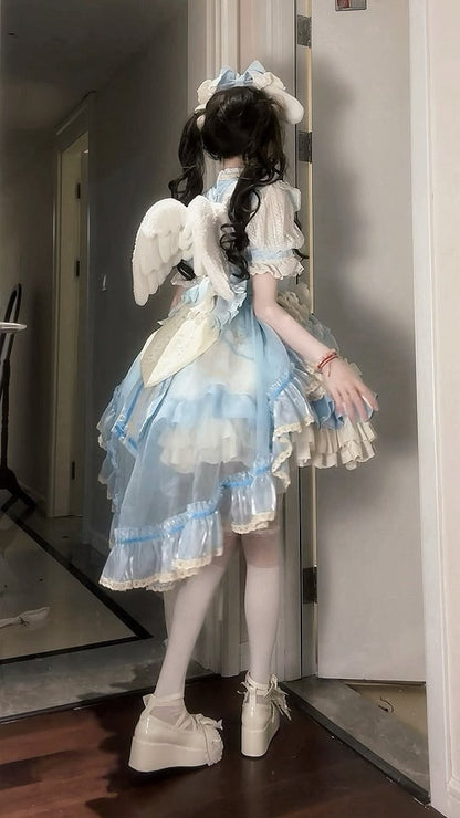 Kleid Taille Tiered Rüschen Lolita Blau Dekoration Bowknot Hohe Süße Rock