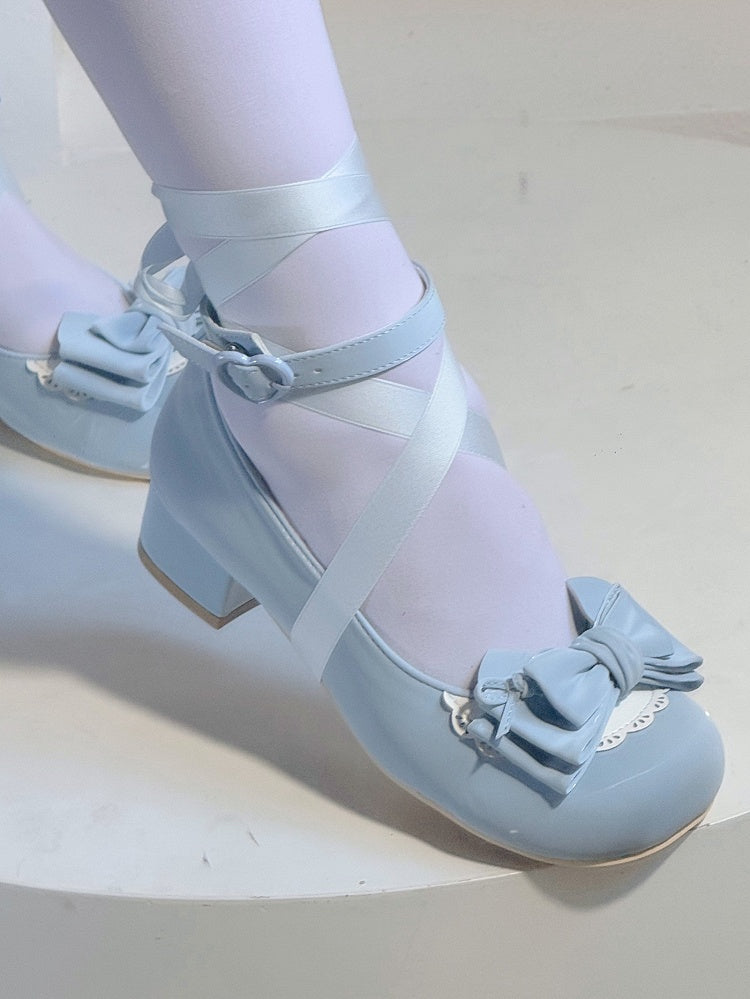 Round Shoes Blue Fastener Low-heel Details with Toe Bow Sweet Heart