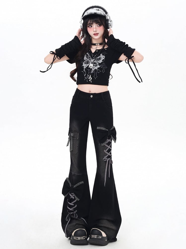 Flare Lace-Up ow Accents Detail Jeans Y2K Silhouette Black with Design