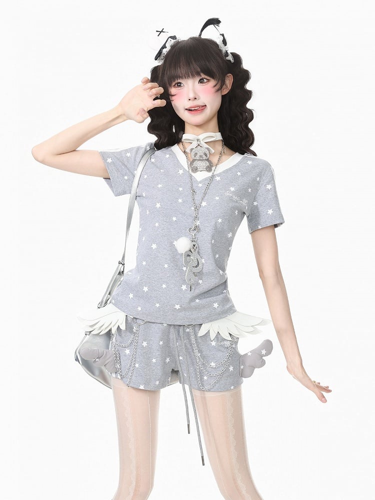 Gray Star Print V-Neck Tee with Wing Back Design - Languid Park