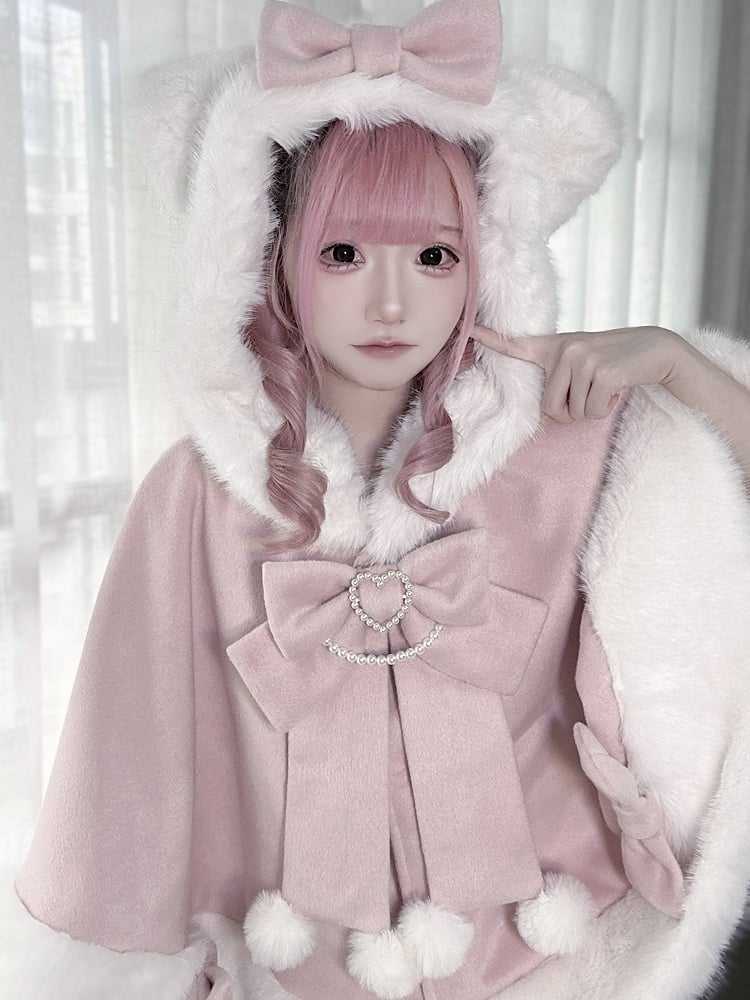 Style Wool Jirai Kitty in Kei - Cape Hooded Plush Pink Ears Kawaii Coat
