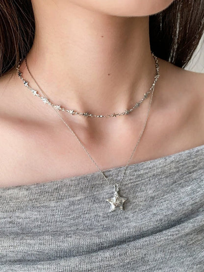 Silver Layered Star Pendant Necklace - YSHXS