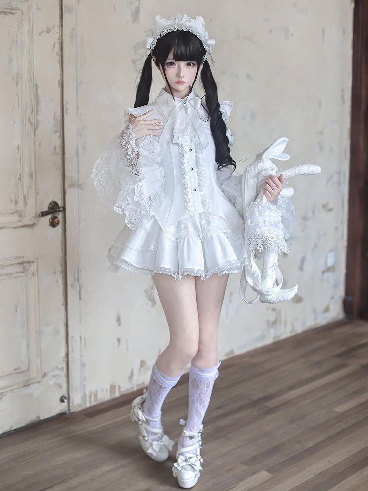 White Gothic Landmine Skirt with Multi-Layer Lace Trim Detailing - Ekomi