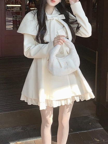 Button Jirai Cape Double-Breasted Front White Kei Pure Dress with Wool